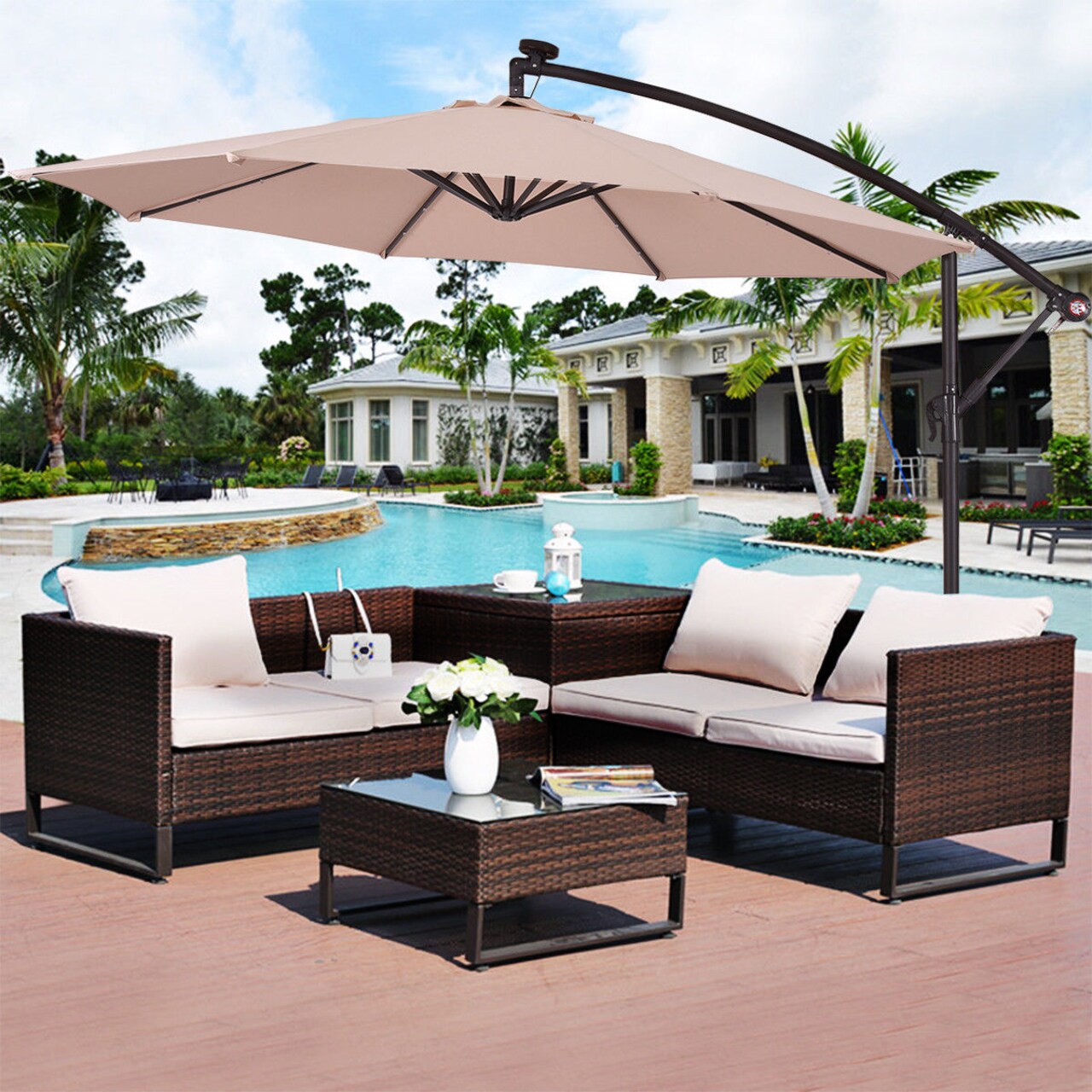 Costway 10' Hanging Solar LED Umbrella Patio Sun Shade Offset Market